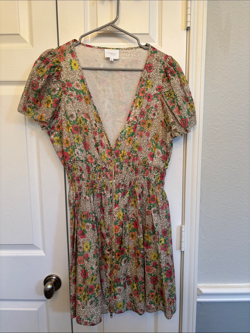 sundays Floral V-Neck Mini Dress in Pink, Yellow and Green-Anthropologie